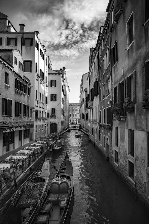 Gondolas on Canal in Black and White