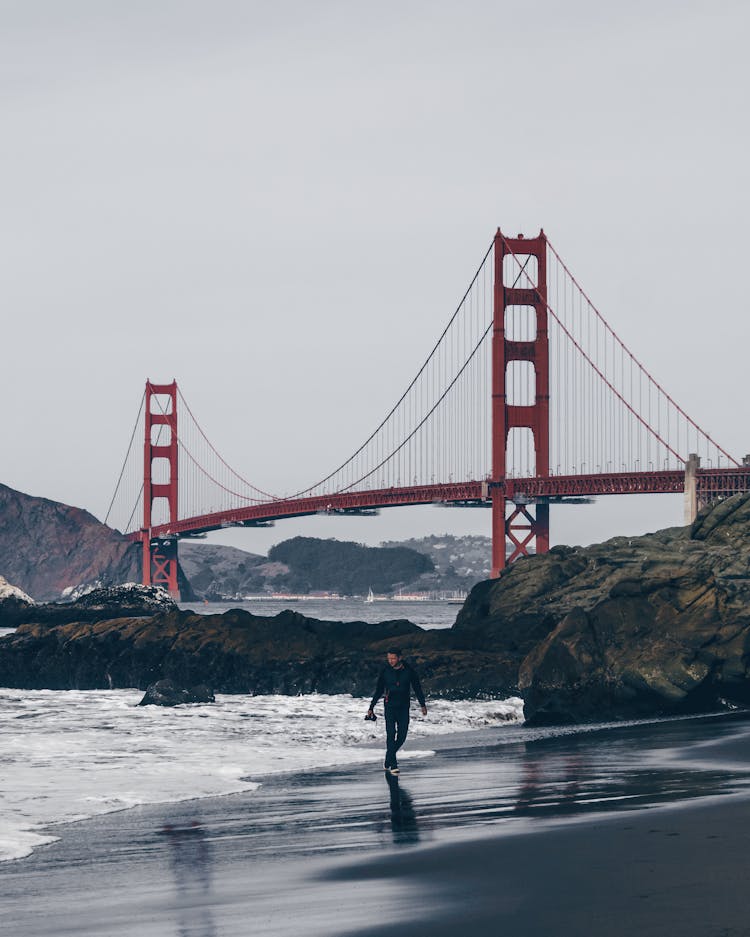 Man On The Baker Beach With The View On The Golden Gate Bridge, San Francisco, California, United States