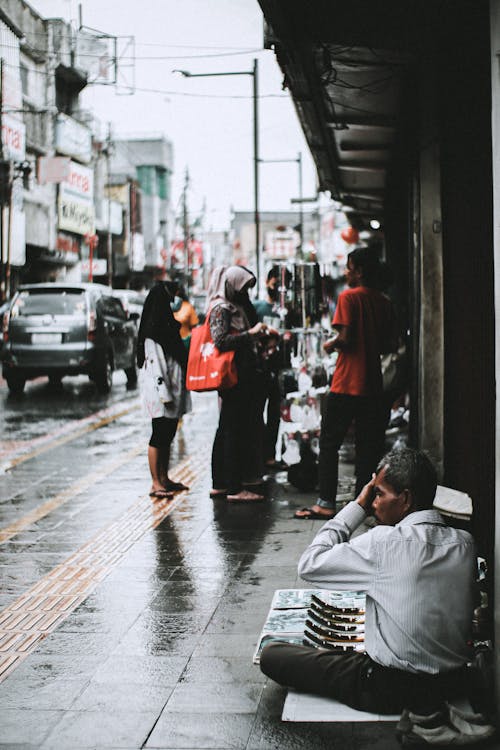 Busy City Street in Asia on a Rainy Day 