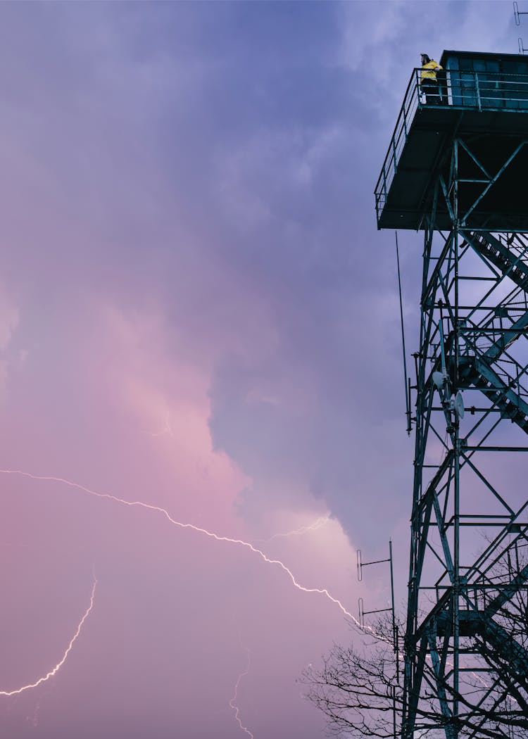 Lightning Strike Beside A Steel Tower 