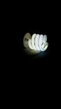 Close-up of a spiral CFL light bulb against a dark background, highlighting its energy-efficiency.