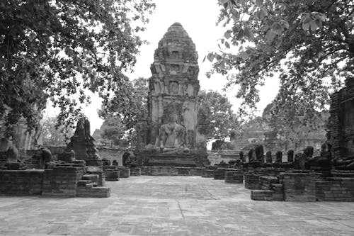 Monochrome Photo of Buddhist Temple 