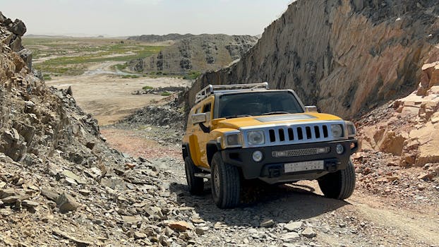 A bold yellow SUV conquers a rugged off-road path amidst rocky mountain scenery.