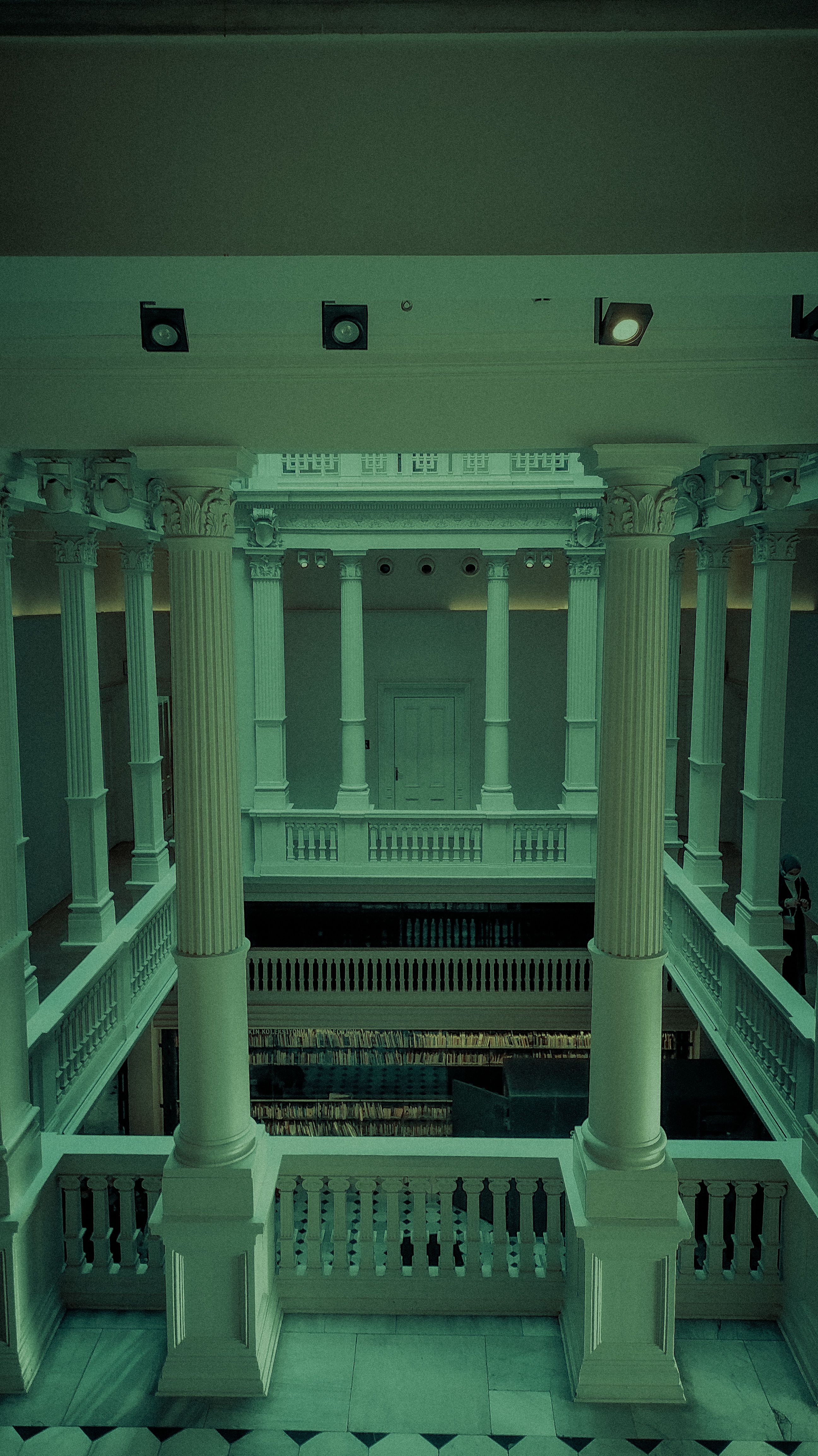 Green Lights over Columns on Mezzanine · Free Stock Photo