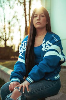 Serene woman with long hair sits outdoors in a blue jacket, illuminated by warm sunlight.