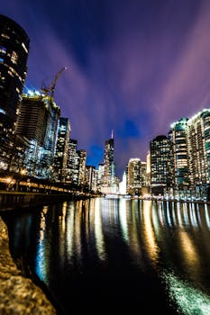 捕捉城市灯光在水面上的倒影，映衬出充满活力的芝加哥河天际线