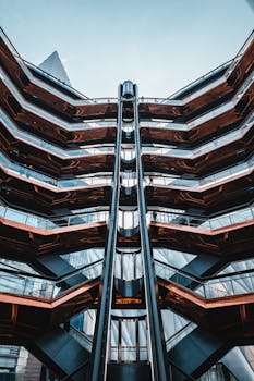 Low angle view of The Vessel showcasing its modern architectural design in New York City.