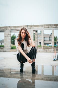Stylish woman poses confidently in a construction site with reflective puddles.