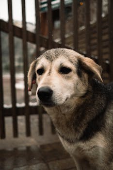 Close-up of a Labrador Husky with a wooden fence backdrop, showcasing its natural beauty.
