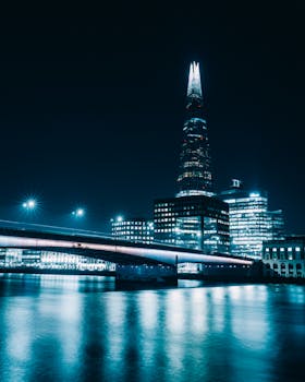 A captivating nighttime cityscape featuring The Shard and illuminated financial district in London.