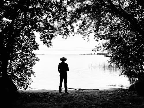 Silhouette of a Man Standing by the Lake