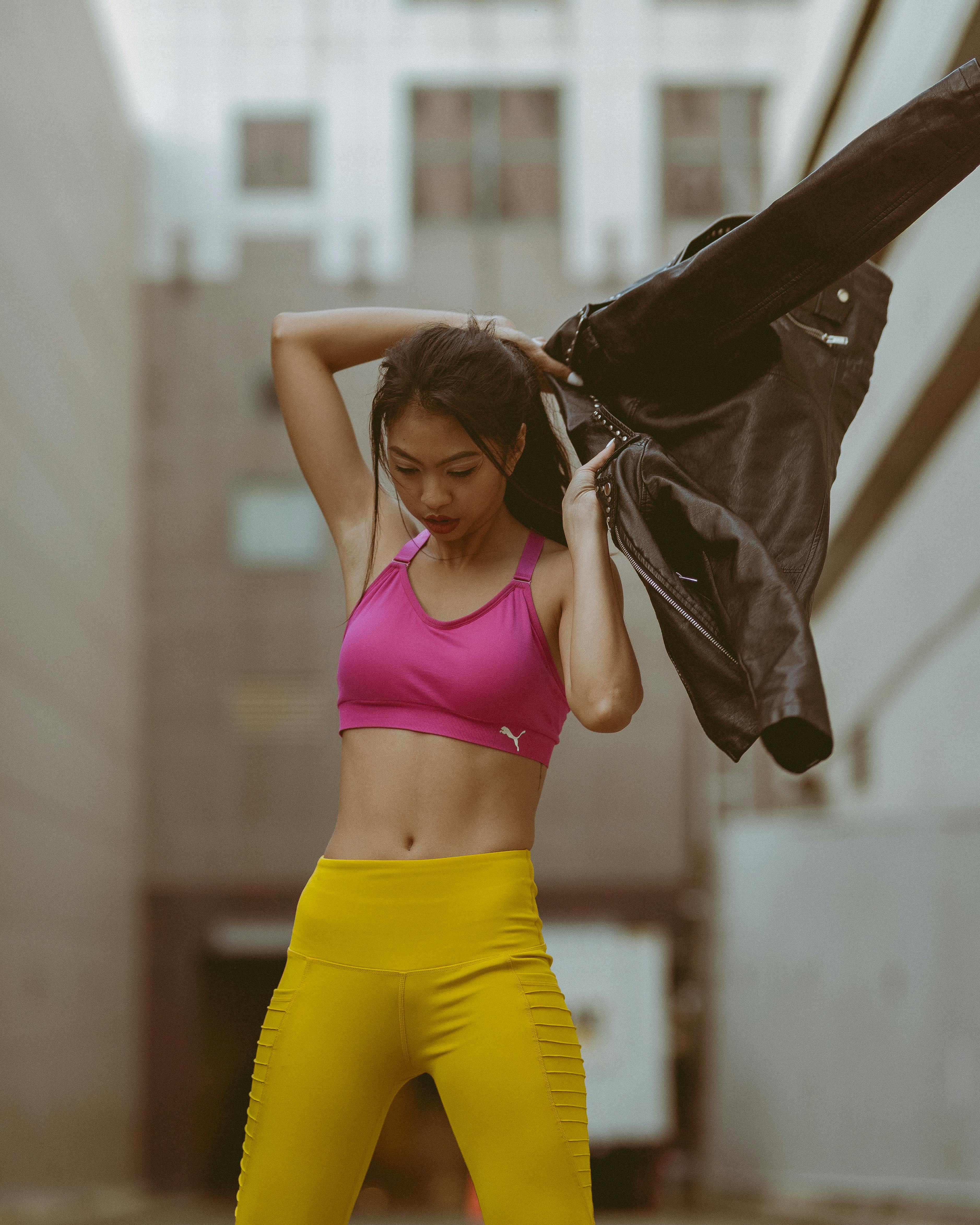 After gym sports bra with leather jacket