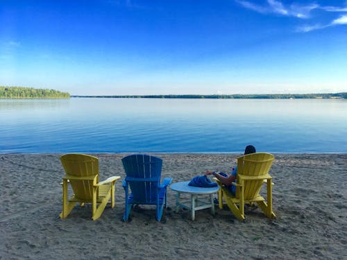 Free stock photo of blue lake, chairs, lake