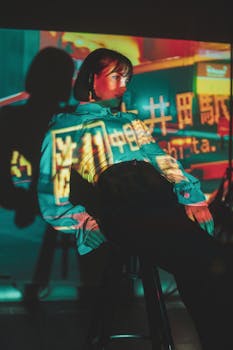Artistic portrait of a woman with colorful projections in a studio setting.
