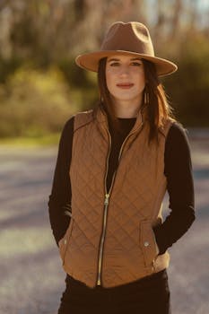 Stylish woman wearing a fedora hat and quilted vest in warm sunlight, creating a fashion-forward portrait.