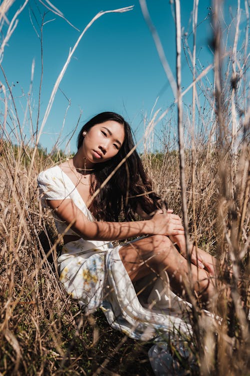 Alluring Woman sitting on Brown Grass