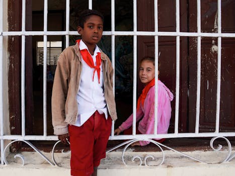 Two children in school uniform with neckerchiefs standing by a barred window.