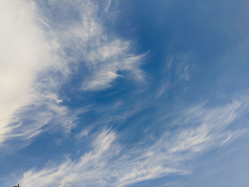 A clear blue sky adorned with beautiful, wispy clouds on a bright day.