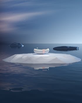 A surreal floating bathtub on an iceberg in a calm, magical ocean scene.