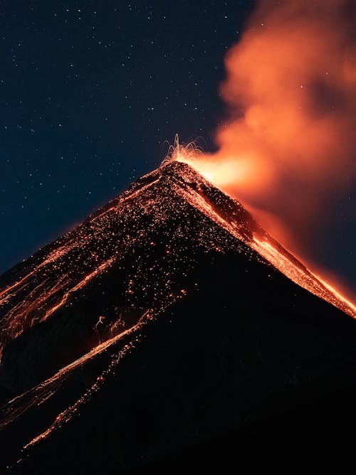 
A Volcano Erupting at Night