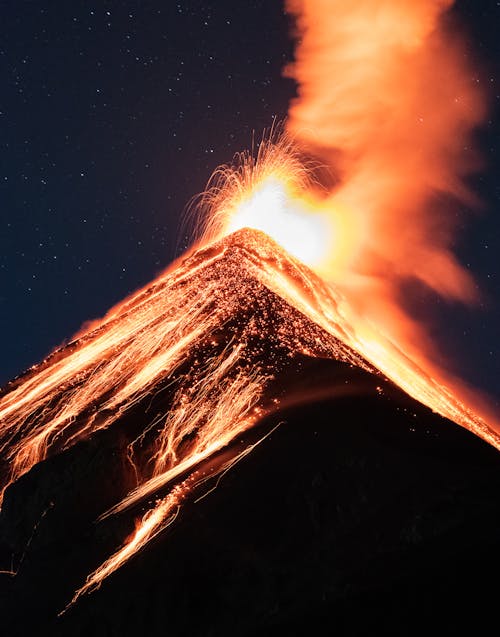 
A Volcano Erupting at Night