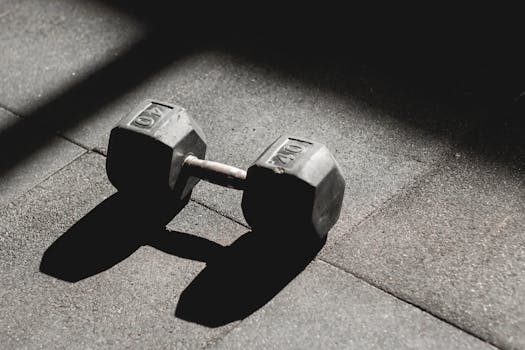 A single 40 lb dumbbell rests on the gym floor, highlighted by light and shadow play.
