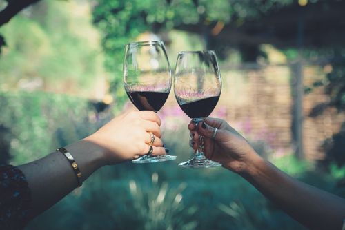 Free Two people toasting with red wine glasses in a beautiful outdoor setting, capturing a celebratory moment. Stock Photo
