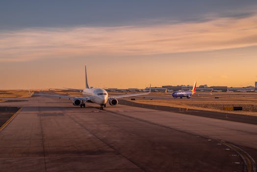 Airplanes on the runway at sunset, ready for departure and takeoff.
