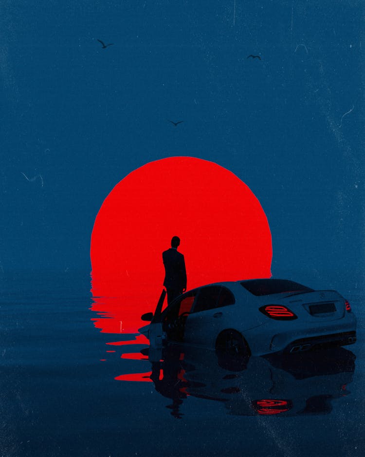 Collage Image Of Man Standing On A Sinking Car Against The Sun Setting Into The Sea