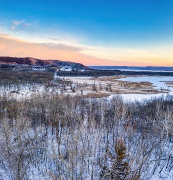 A breathtaking aerial view of a snowy landscape in Minnesota at sunrise, featuring a serene scene of trees and fields.