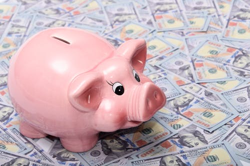 Free Piggy Bank on Top of Dollar Bills Stock Photo