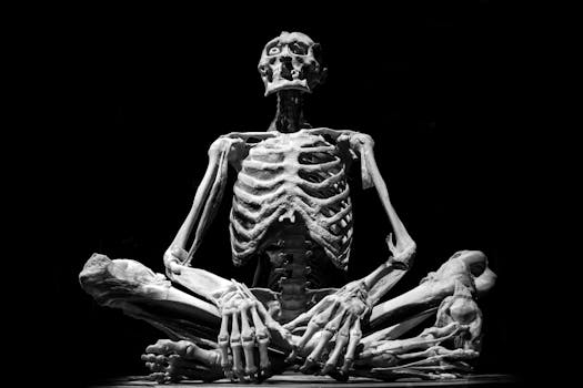 Black-and-white image of a skeleton sculpture in a meditation pose, emphasizing anatomy.