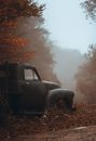 Antique Car Standing in Forest in Autumn
