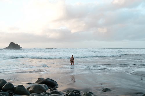 Free Woman in a Bikini Standing on the Beach Stock Photo