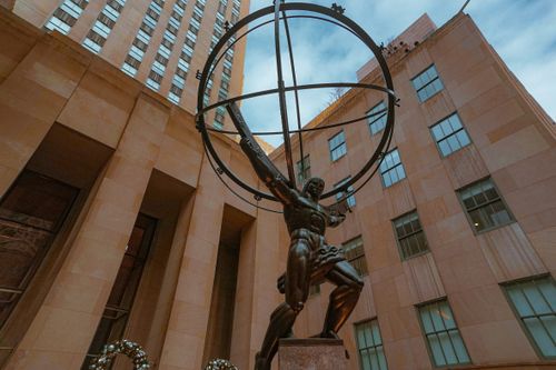 Free Atlas sculpture at Rockefeller Center showcases iconic architecture in New York City. Stock Photo