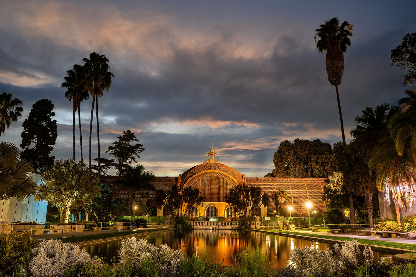 The Botanical Building and reflecting pond at Balboa Park in San Diego at sunset