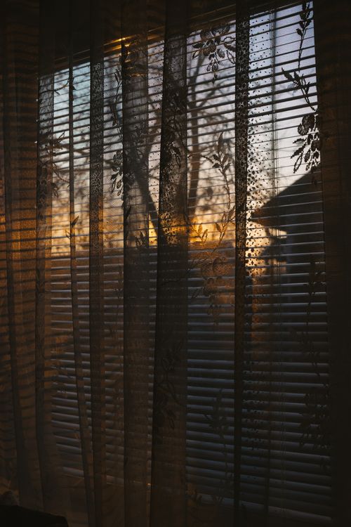 Free Silhouette of tree and house seen through lace curtains at sunset, creating a tranquil ambiance. Stock Photo