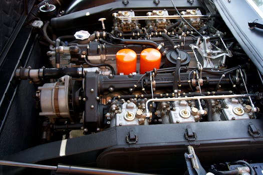 Close-up of an intricate sports car engine showcasing technology and engineering.