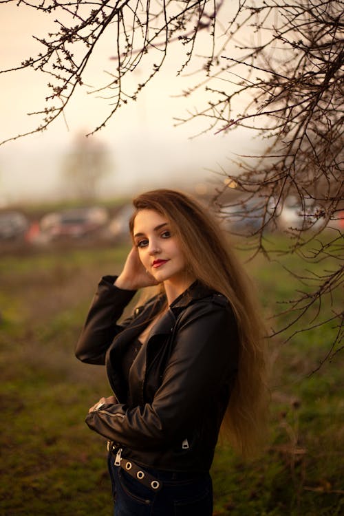 Beautiful Woman in Black Leather Jacket