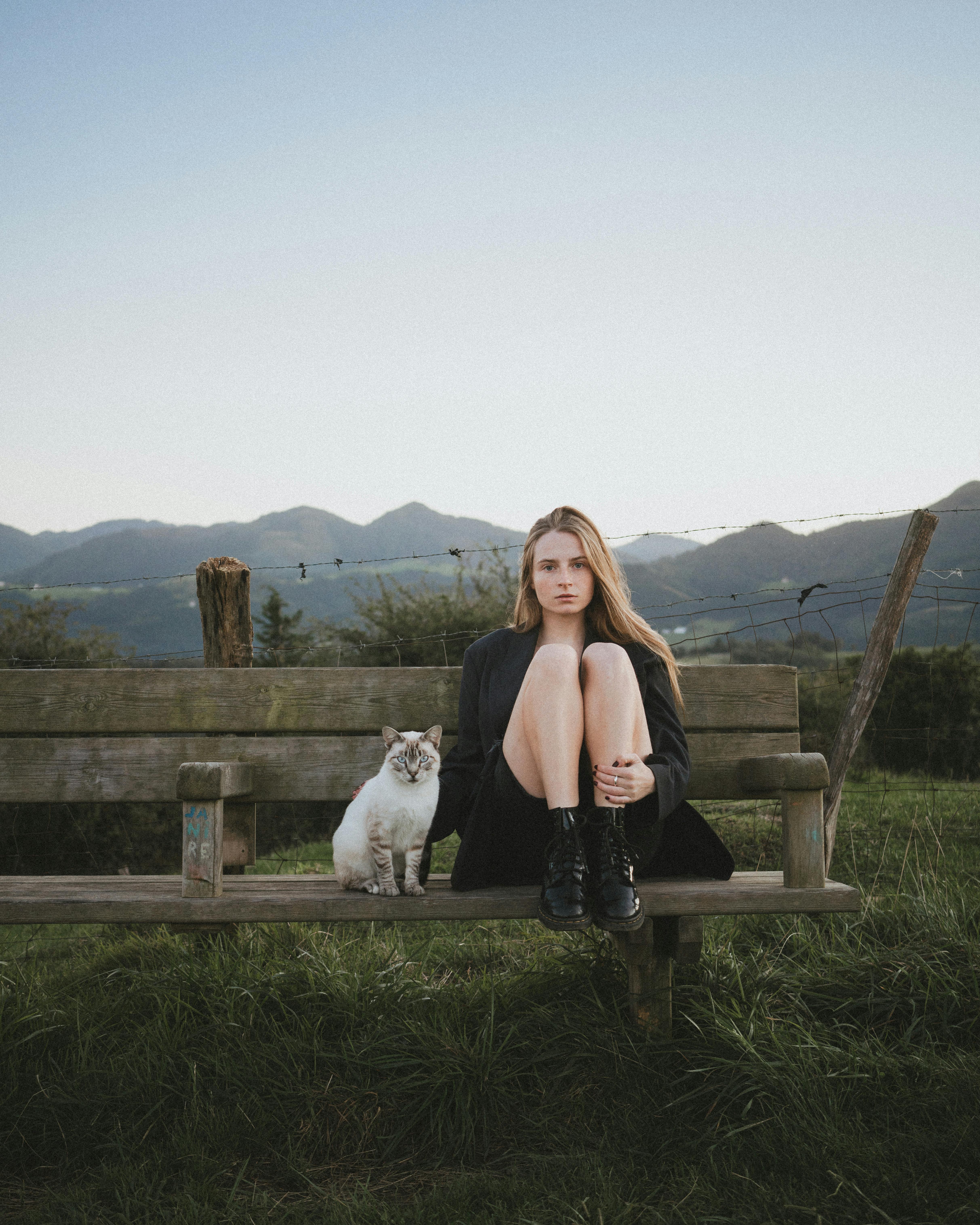 A woman sits on a bench with a cat in a rural landscape, showcasing tranquility and nature.