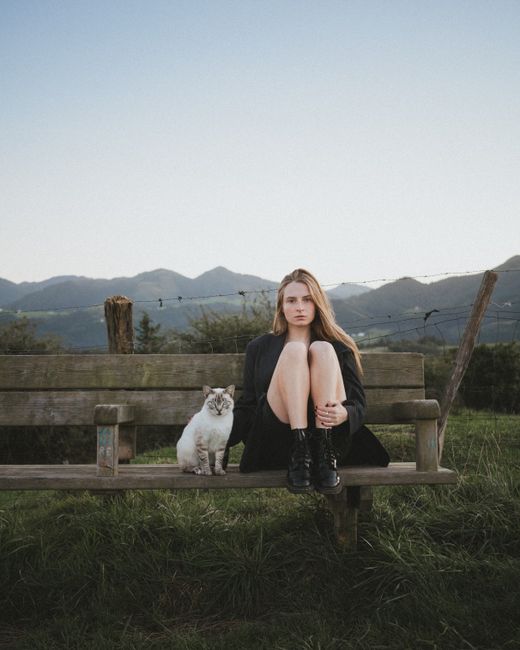 A woman sits on a bench with a cat in a rural landscape, showcasing tranquility and nature.