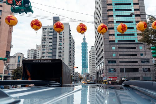 Free Hanging Chinese Lanterns on a City  Stock Photo