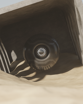 A digital rendering of a high-tech device buried in the sand, showcasing sci-fi elements.