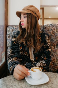 A woman in warm attire sips cappuccino while gazing away in a cozy cafe.