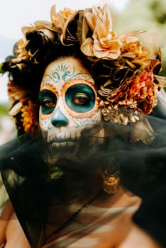 Vibrant Day of the Dead portrait featuring intricate face paint and a floral crown symbolizing Mexican traditions.