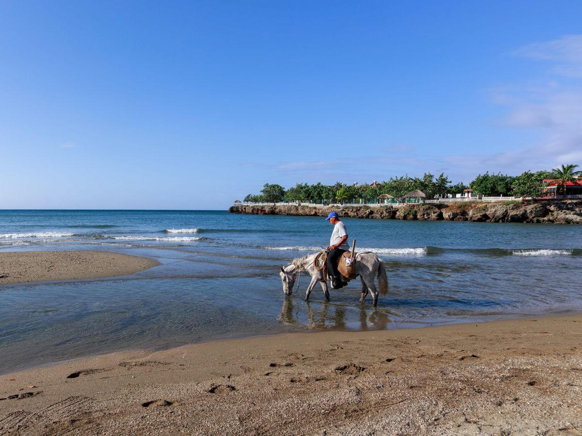A man rides a horse along a tranquil tropical beach with blue skies and calm wav