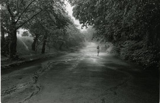Black and white image of a lone runner on a misty Central Park path in NYC.
