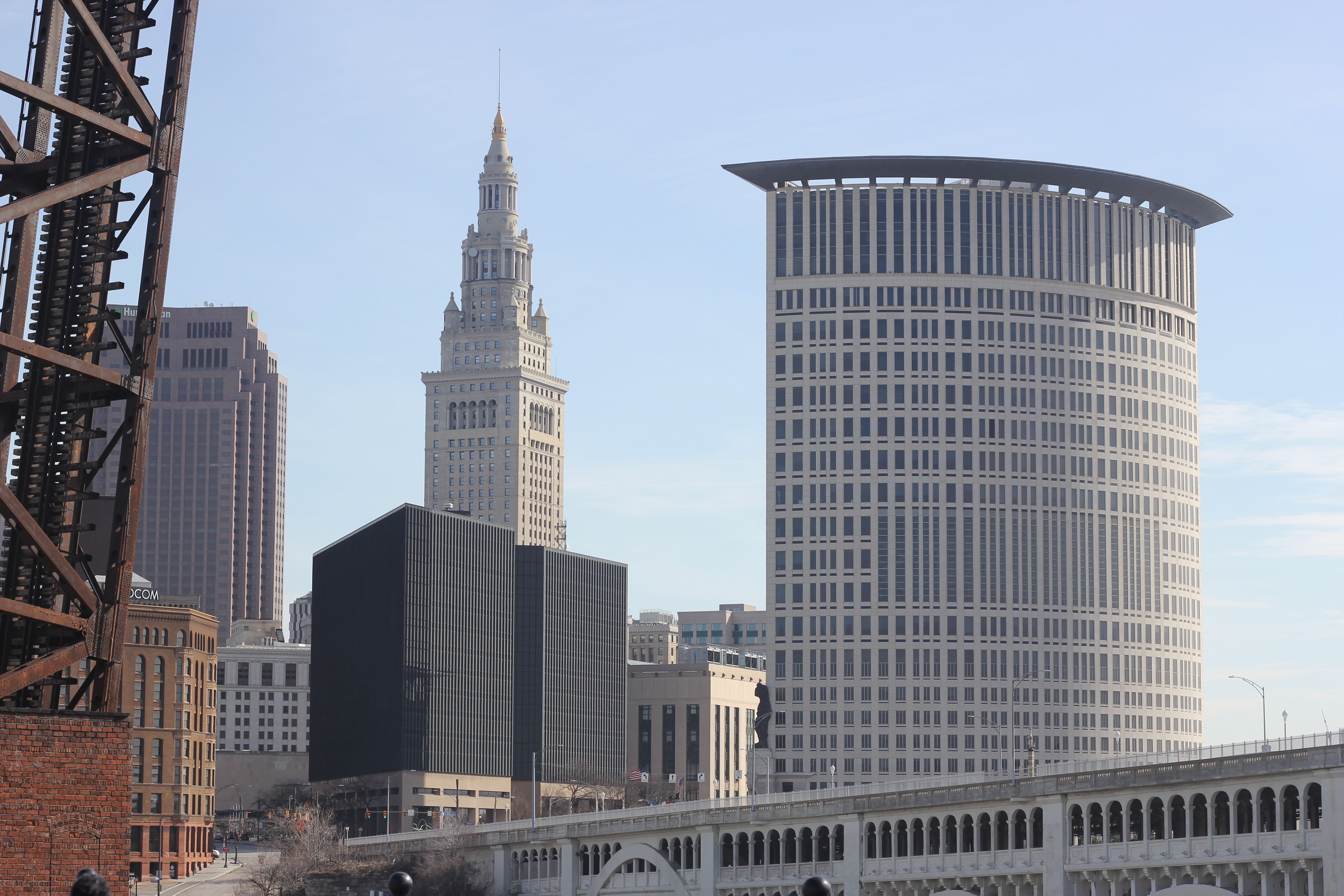 A clear day view of Cleveland's skyline featuring modern skyscrapers and historic architecture.