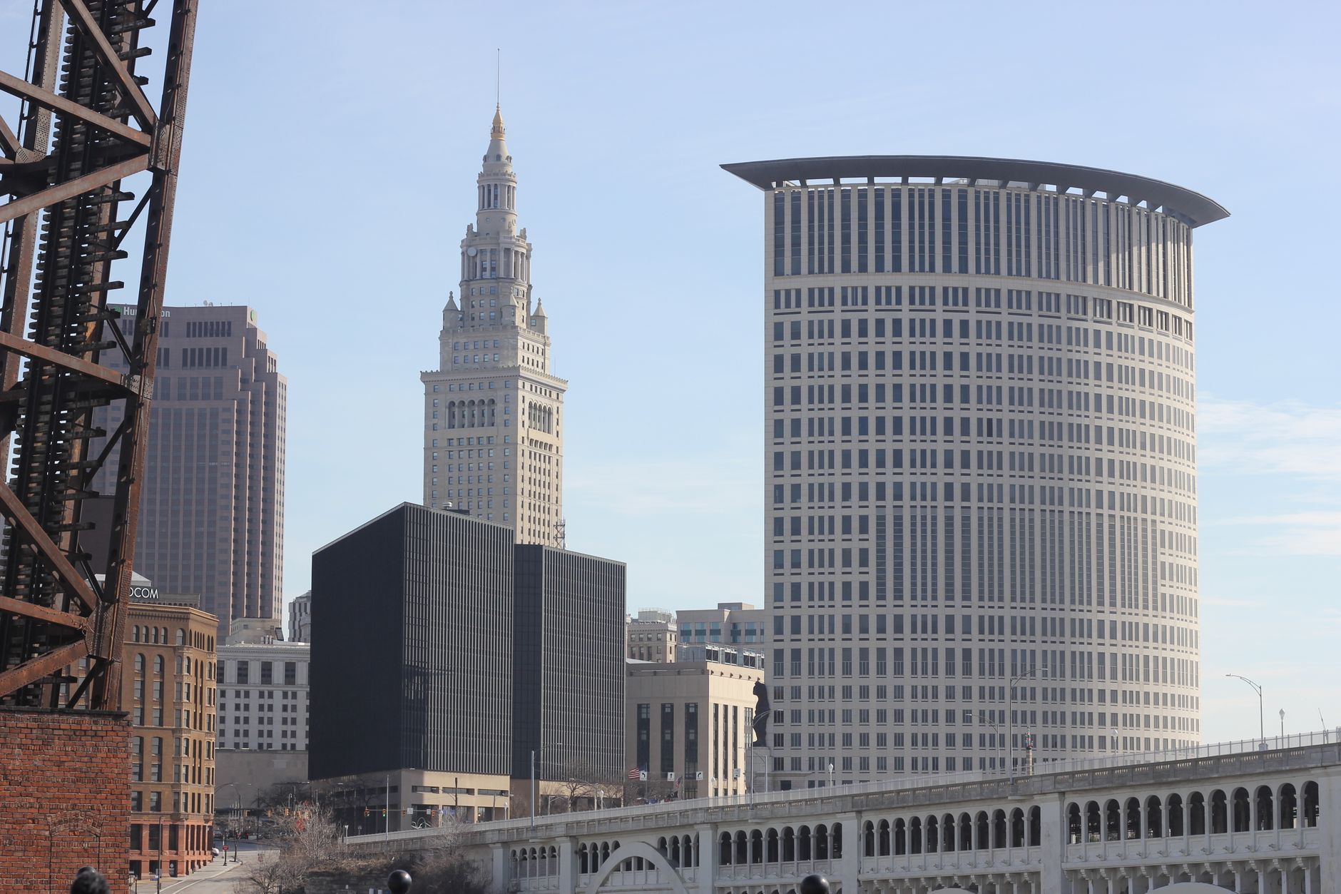 A clear day view of Cleveland's skyline featuring modern skyscrapers and historic architecture.