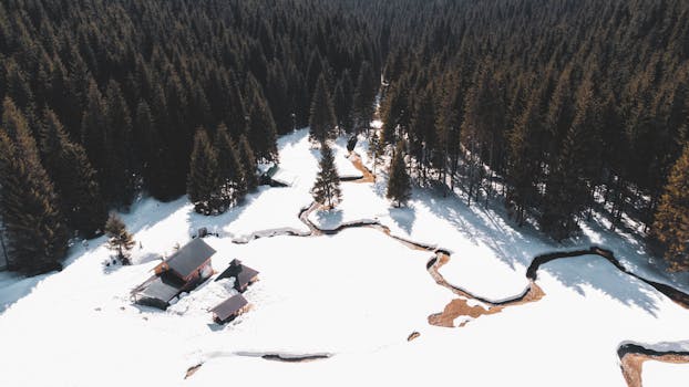 Scenic aerial shot of a snowy landscape with a cabin, stream, and dense pine forest.